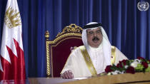 In this image made from UNTV video, King Hamad bin Isa Al Khalifa, of Bahrain, speaks in a pre-recorded message which was played during the 75th session of the United Nations General Assembly, Thursday Sept. 24, 2020, at UN headquarters. (UNTV via AP)