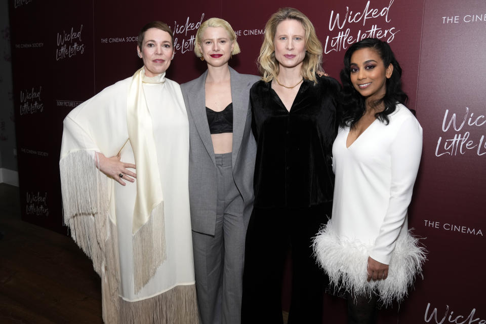 Olivia Colman, from left, Jessie Buckley, Thea Sharrock and Anjana Vasan attend a "Wicked Little Letters" screening, hosted by Sony Pictures Classics and The Cinema Society, at the Crosby Street Hotel on Wednesday, March 20, 2024, in New York. (Photo by Charles Sykes/Invision/AP)