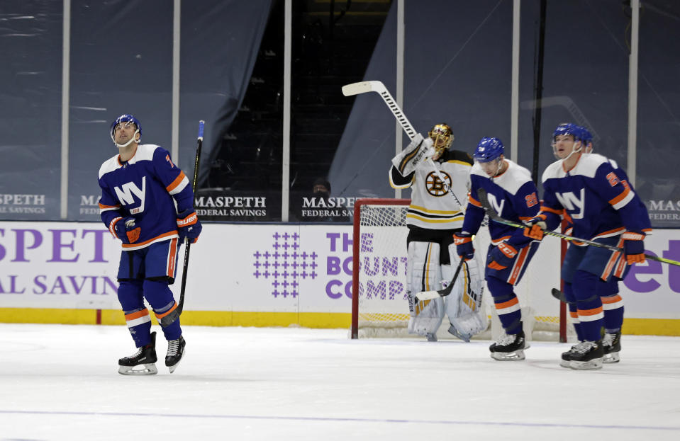 New York Islanders right wing Jordan Eberle (7) skates to the bench after scoring a goal past Boston Bruins goaltender Tuukka Rask during the first period of an NHL hockey game Saturday, Feb. 13, 2021, in Uniondale, N.Y. (AP Photo/Adam Hunger)