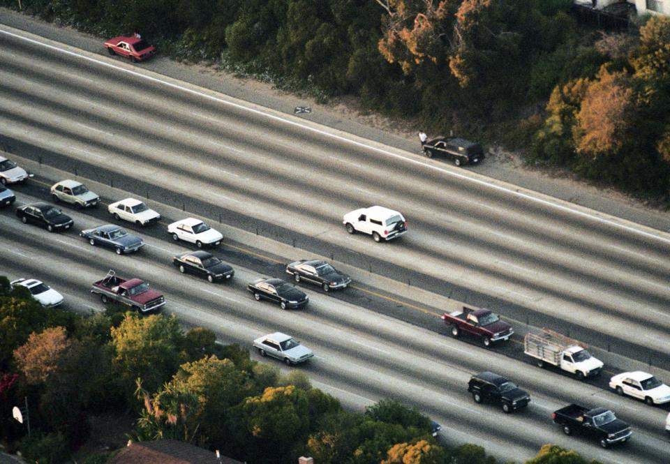 The white Bronco, driven by O.J. Simpson's friend Al Cowlings, was followed by on the freeway as LA police tried to talk Simpson out of a possible suicide following a double homicide of his ex-wife Nicole Brown Simpson and Ronald Goldman. The chase ended at the driveway of Simpson's home.