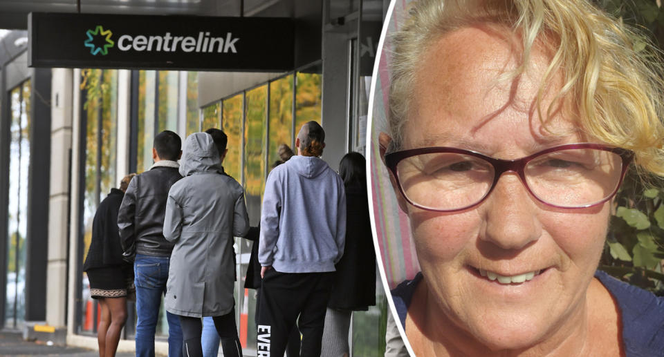 People standing outside Centrelink in cost of living crisis next to an insert of Robyn
