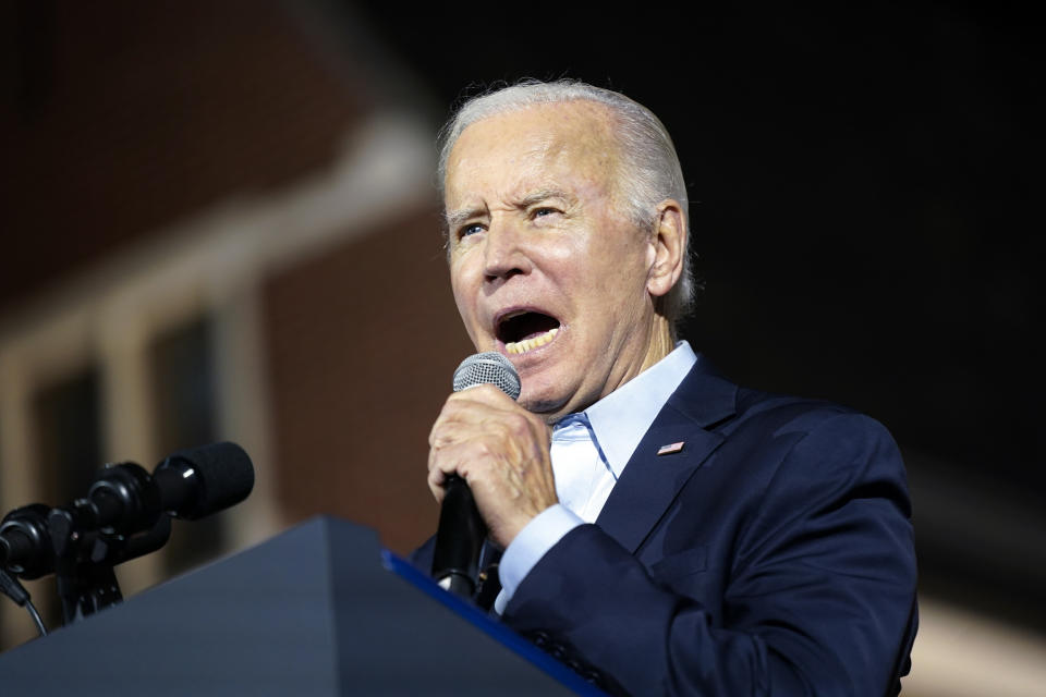 President Joe Biden speaks at a campaign event for New York Gov. Kathy Hochul, Sunday, Nov. 6, 2022, at Sarah Lawrence College in Yonkers, N.Y. (AP Photo/Patrick Semansky)