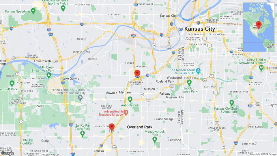 A detailed map that shows the affected road due to 'Heavy rain prompts traffic advisory on westbound I-35 in Overland Park' on July 1st at 12:12 p.m.