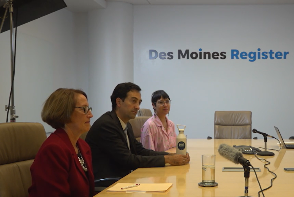 Candidates for mayor Connie Boesen, left, Josh Mandelbaum, center, and Denver Foote meet with Des Moines Register journalists on Monday, Oct. 9, 2023.