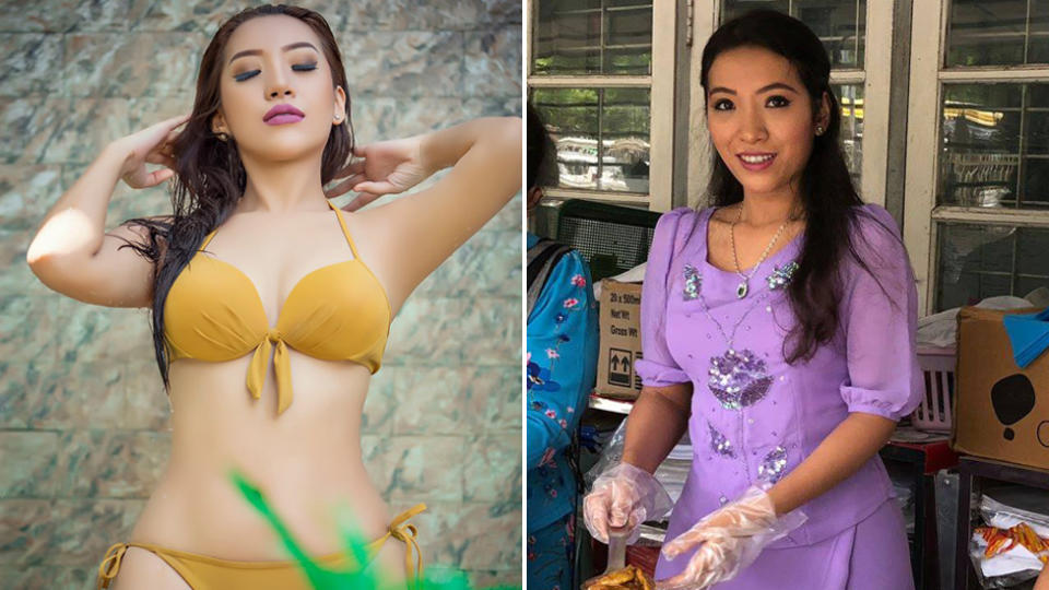 Nang Mwe San in a yellow bikini that she posted on her Facebook page (left) and wearing a purple dress (right).