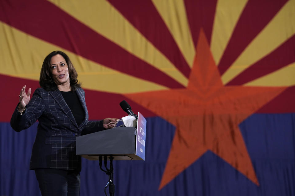 Democratic vice presidential candidate Sen. Kamala Harris, D-Calif., speaks to "first week voters" at Carpenters Local Union 1912 in Phoenix, Thursday, Oct. 8, 2020. (AP Photo/Carolyn Kaster)