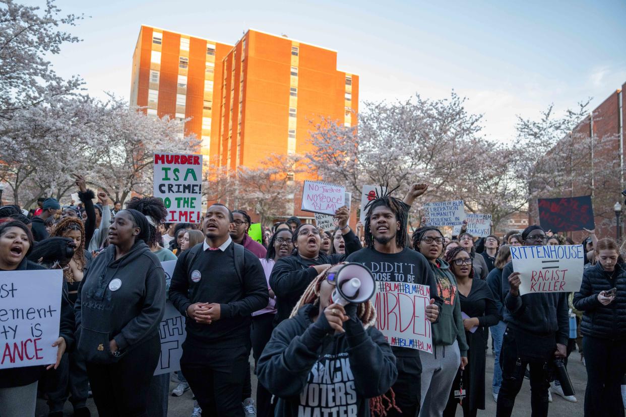 Western Kentucky senior Imanii Giles leads hundreds of students in chants to protest Kyle Rittenhouse’s talk on their campus on Wednesday, March 27, 2024.