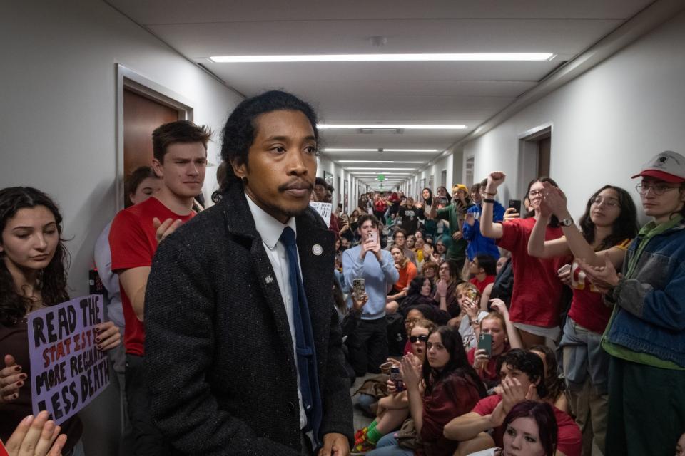 Rep. Justin Jones D- Nashville, speaks to a group made up of mainly high schoolers during while they sit in to demand answers on what representatives plan to do on gun reform in the state of Tennessee at Cordell Hull Building in Nashville , Tenn., Monday, April 3, 2023.