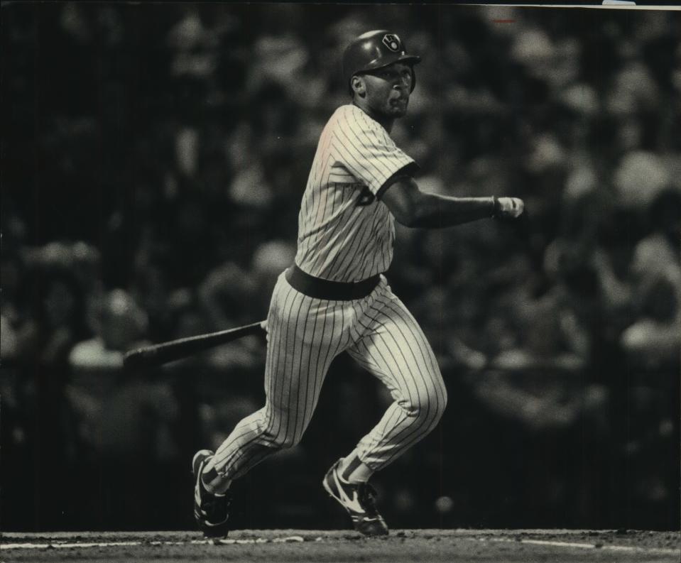 Gary Sheffield takes a swing for the Milwaukee Brewers in 1988.