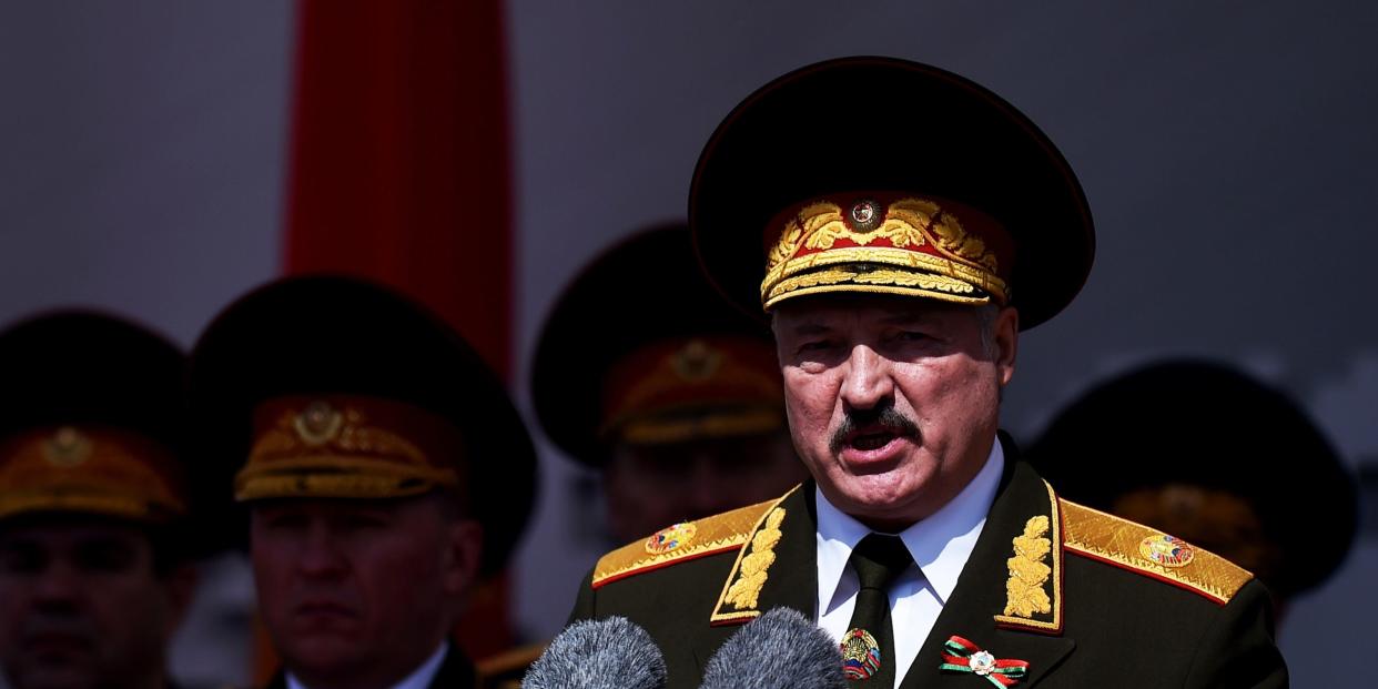 Belarusian President Alexander Lukashenko gives a speech during a military parade that marked the 75th anniversary of the allied victory over Nazi Germany, in Minsk, Belarus, Saturday, May 9, 2020. (Sergei Gapon/Pool via AP)