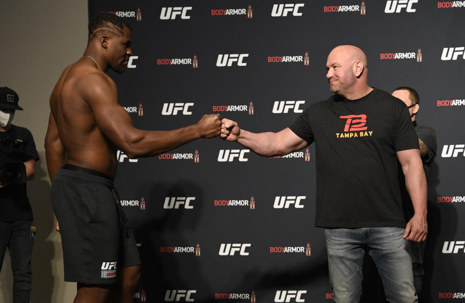 UFC president Dana White greets Francis Ngannou of Cameroon during the UFC 249 official weigh-in on May 08, 2020 in Jacksonville, Florida. (Photo by Mike Roach/Zuffa LLC)
