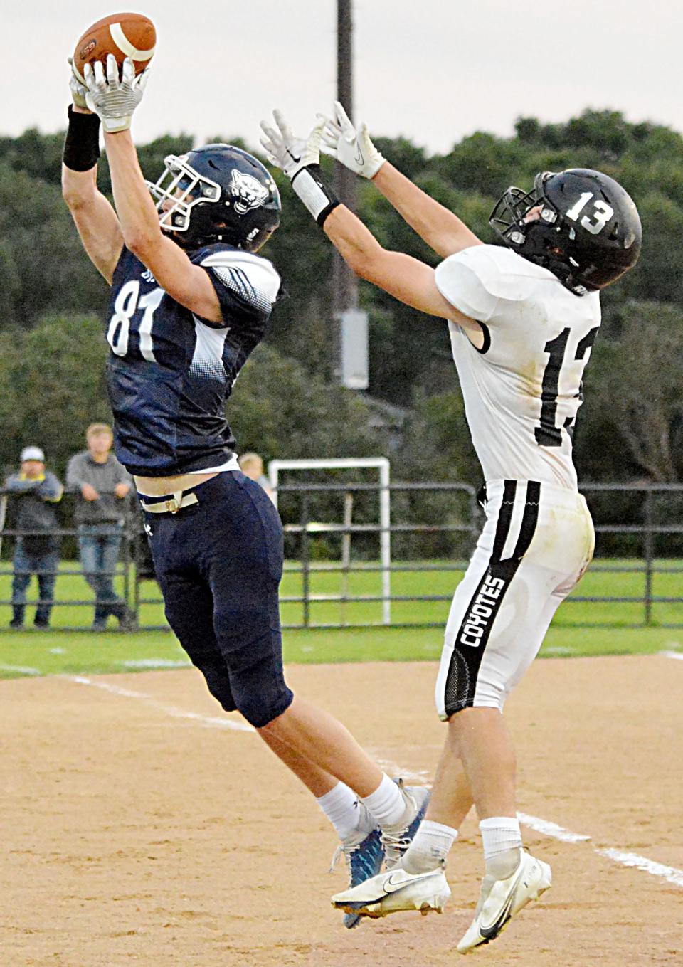 Great Plains Lutheran's Alex Heil (81) intercepts a pass intended for Waverly-South Shore's Cody Thompson during their high school football game Friday night at Watertown Stadium. GPL won 31-22.