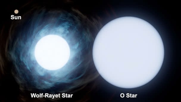 PHOTO: This graphic shows the relative size of the Sun, upper left, compared to the two stars in the system known as Wolf-Rayet 140. The O-type star is roughly 30 times the mass of the Sun, while its companion is about 10 times the mass of the Sun. (NASA/JPL-Caltech)