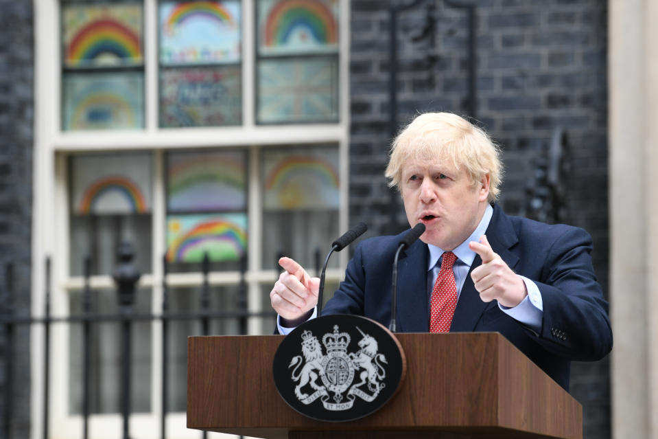 Prime Minister Boris Johnson makes a statement outside 10 Downing Street, London, as he resumes working after spending two weeks recovering from Covid-19.