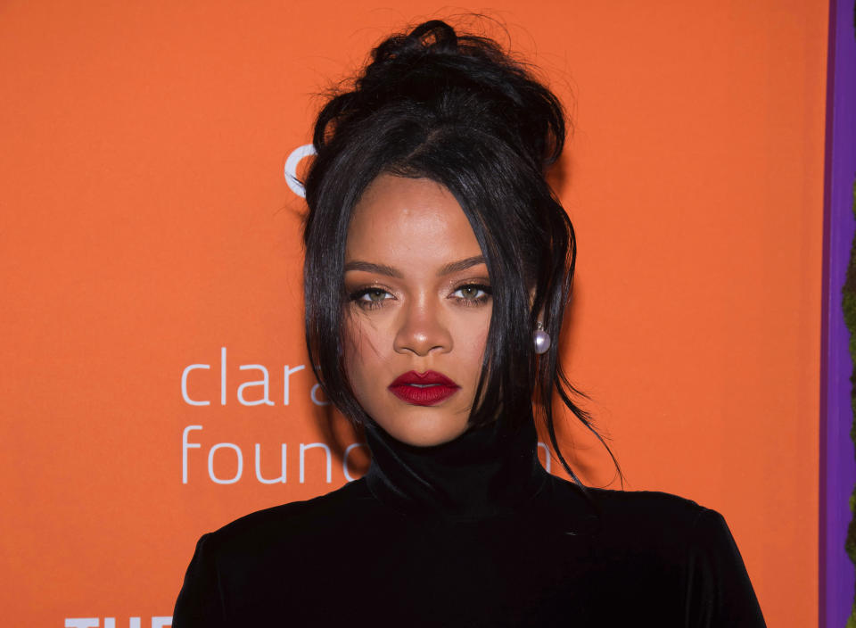 FILE - This Sept. 12, 2019 file photo shows Rihanna at the 5th annual Diamond Ball benefit gala in New York. Rihanna believes women of all shapes, colors and sizes should be celebrated, and that spirit of inclusion has made her lingerie and beauty lines massive successes. Her mission will be showcased Friday as Amazon Prime streams her New York Fashion Week show for Savage X Fenty in more than 200 countries and territories. (Photo by Charles Sykes/Invision/AP, File)