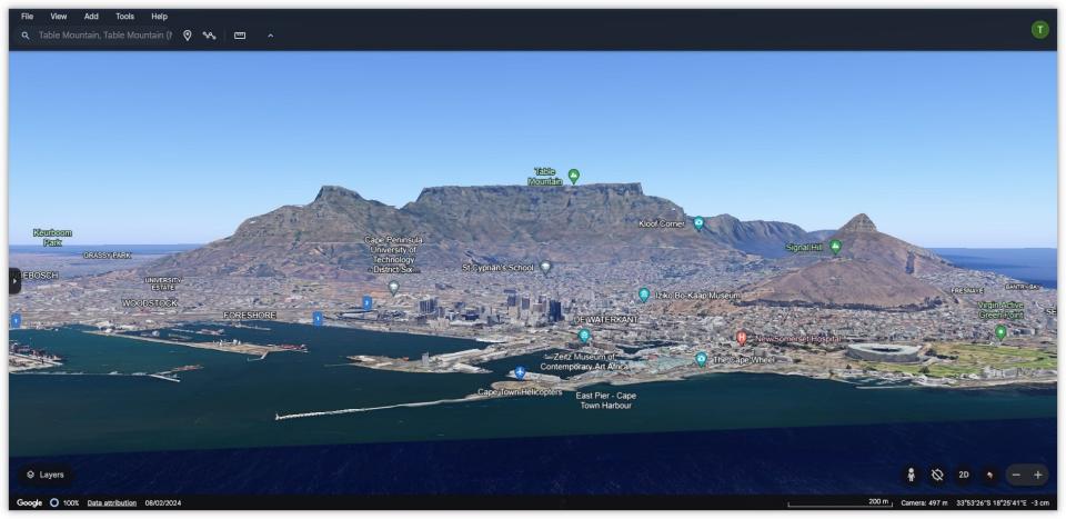 <span>Screenshot of the view of Table Mountain taken from Google Earth </span>