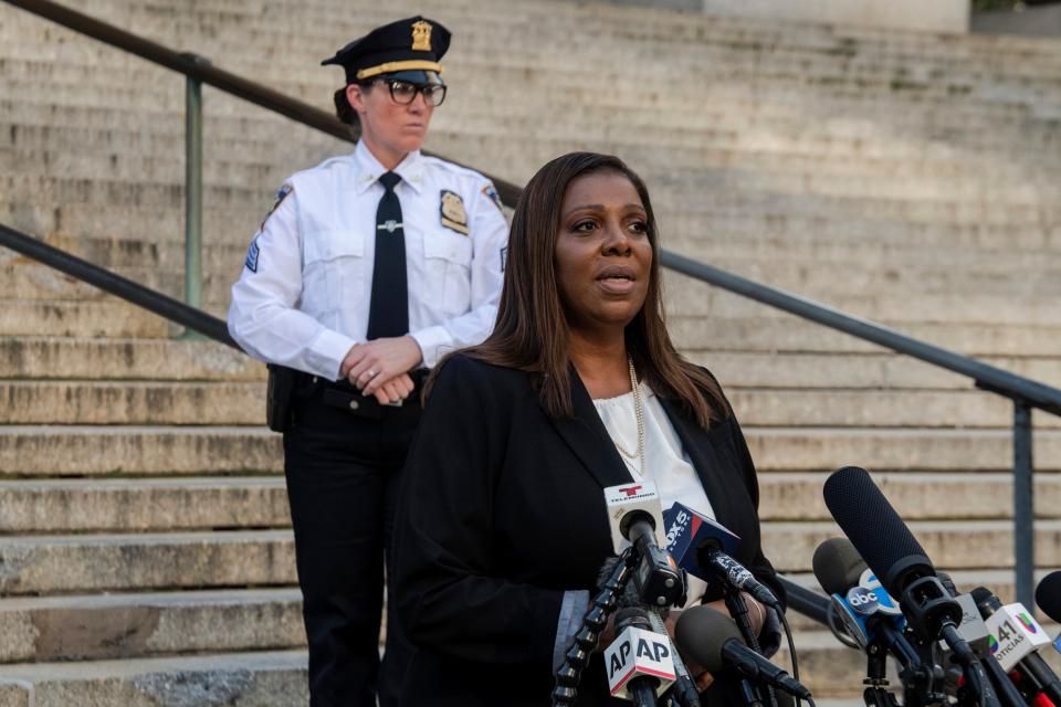 New York Attorney General Letitia James speaks outside New York Supreme Court on Monday, Oct. 2, 2023 in New York.