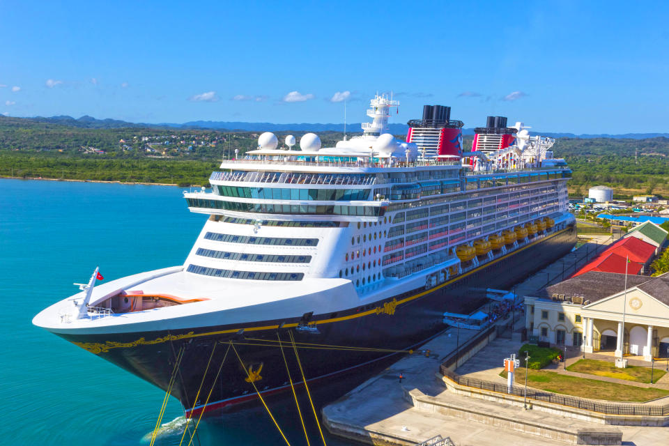 Cruise ship Disney Fantasy by Disney Cruise Line docked in Falmouth, Jamaica on 2 May 2018.