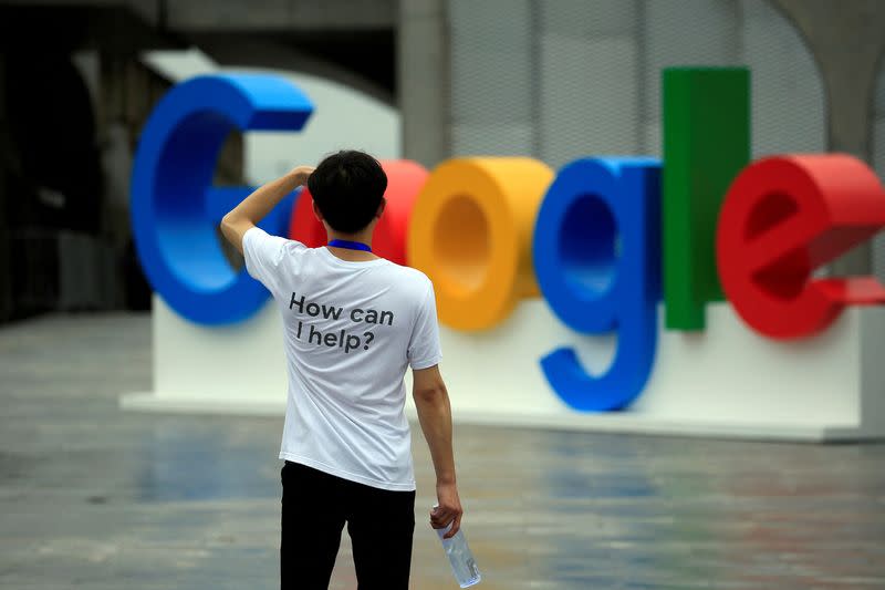 FILE PHOTO: A Google sign is seen during the WAIC (World Artificial Intelligence Conference) in Shanghai