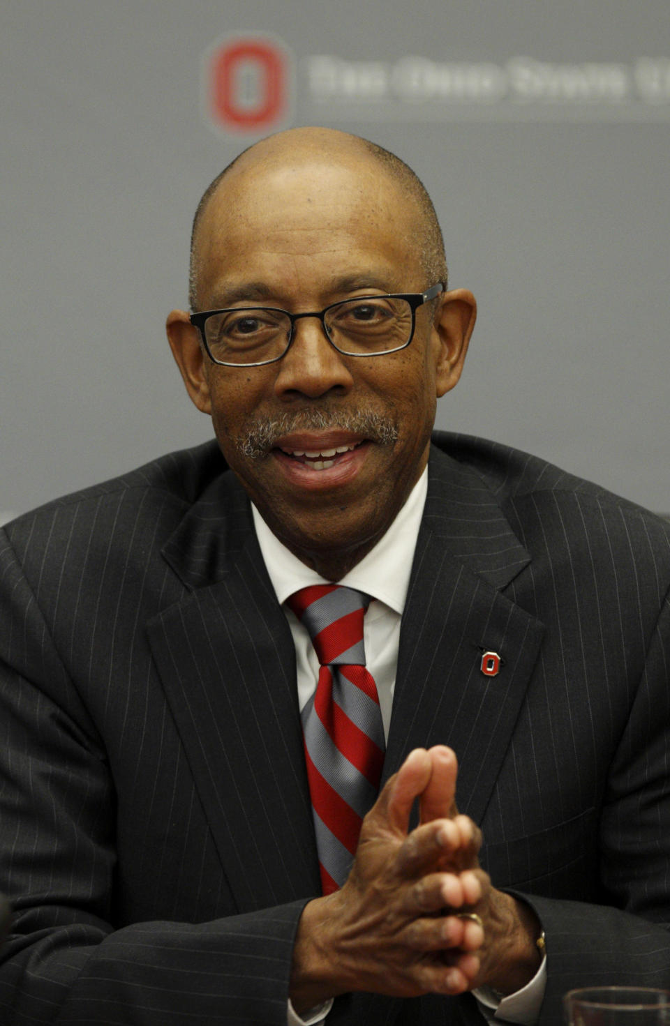 Dr. Michael Drake speaks during a press conference after being named the new president at Ohio State University following a university board meeting where he was voted in at the school Wednesday, Jan. 30, 2014. (AP Photo/Paul Vernon)