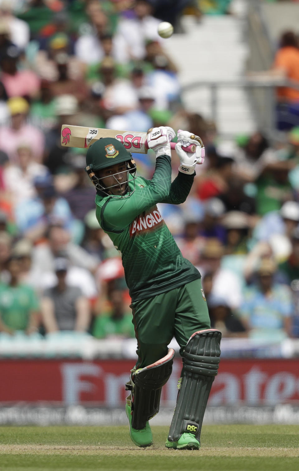 Bangladesh's Mushfiqur Rahim hits a shot during the Cricket World Cup match between South Africa and Bangladesh at the Oval in London, Sunday, June 2, 2019. (AP Photo/Matt Dunham)