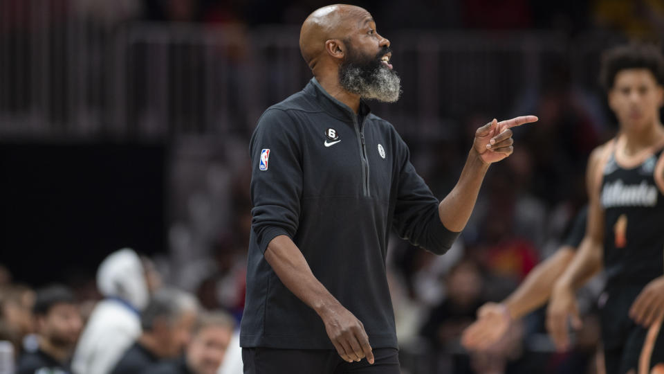 Brooklyn Nets head coach Jacque Vaughn gestures during the first half of an NBA basketball game against the Atlanta Hawks, Wednesday, Dec. 28, 2022, in Atlanta. (AP Photo/Hakim Wright Sr.)