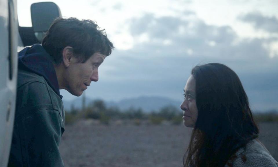 Frances McDormand, left, on the set of Nomadland with director Chloé Zhao.