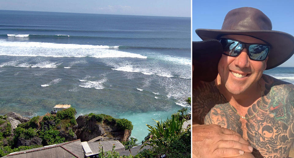 Plage d'Uluwatu, où Ehrin Coupe, vu portant des lunettes de soleil et un chapeau sur une plage, a été blessé. 