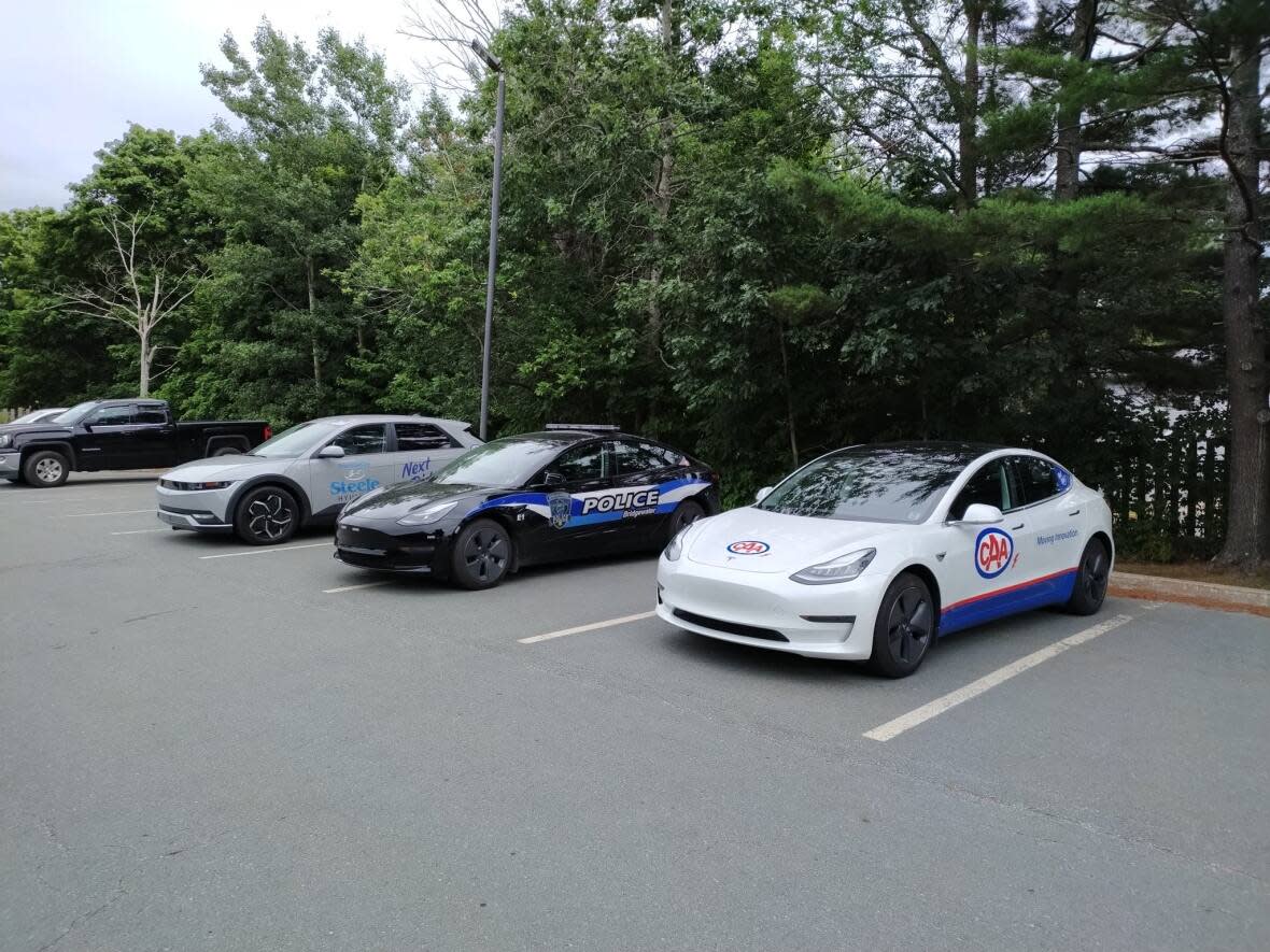 Bridgewater police say the Tesla Model 3's monthly charging costs equal about three days of gas for a typical cruiser.   (Submitted by Bridgewater Police - image credit)