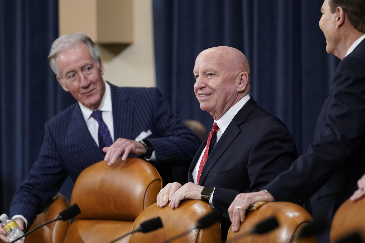 House Ways and Means Committee Chairman Richard Neal, D-Mass., left, talks with the Committee Republican Leader Rep. Kevin Brady, R-Texas, before the House Ways & Means Committee holds a hearing regarding tax returns from former President Donald Trump on Capitol Hill in Washington, Tuesday, Dec. 20, 2022. (AP Photo/Andrew Harnik)