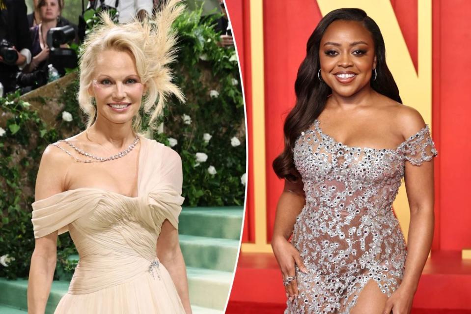 Pamela Anderson (left) and Quinta Brunson are birds of a feather, rocking the one-shoulder look in custom Oscar de la Renta and Marc Bouwer, respectively. Images: Getty