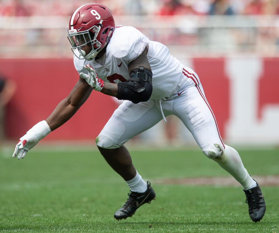 Alabama linebacker Eyabi Anoma (9) during the second half in the Alabama A-Day spring football scrimmage game at Bryant Denny Stadium in Tuscaloosa, Ala., on Saturday, April 13, 2019.