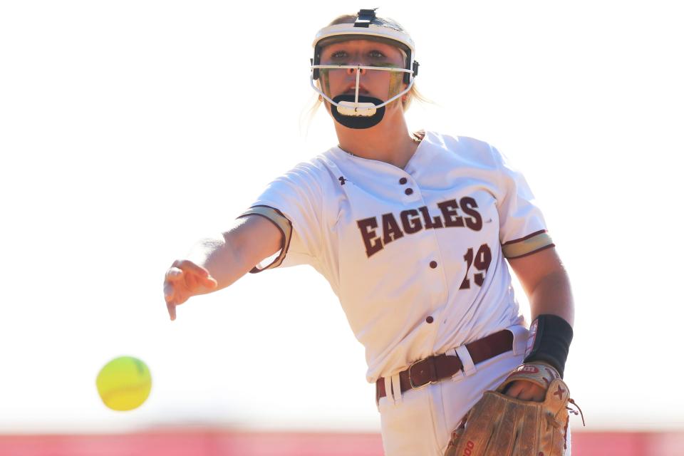 Episcopal's Grace Jones (19) pitches against Baldwin during the district tournament.