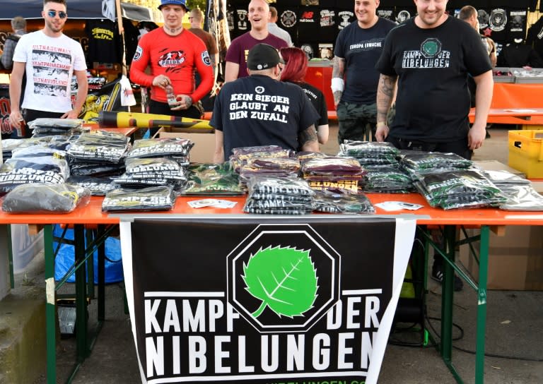 Far-right paraphernalia is on sale at the "Schild und Schwert" (Shield and Sword) neo-nazi festival, in the eastern German town of Ostritz. Hundreds of neo-Nazis were congregating on April 20, 2018, which marks Adolf Hitler's birthday