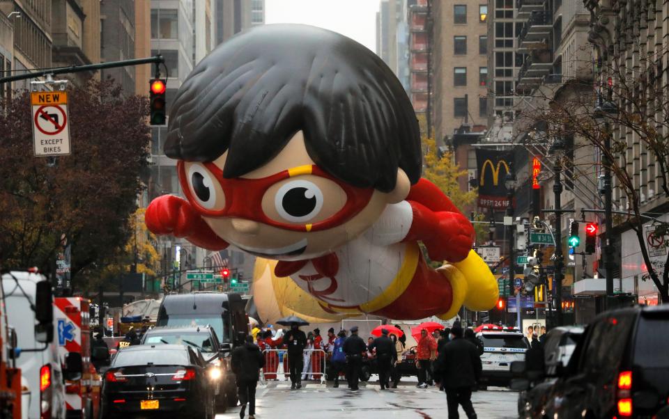 <p>A balloon depicting Red Titan, a character from Ryan's World, is seen of ahead of the 94th Macy's Thanksgiving Day Parade</p>REUTERS