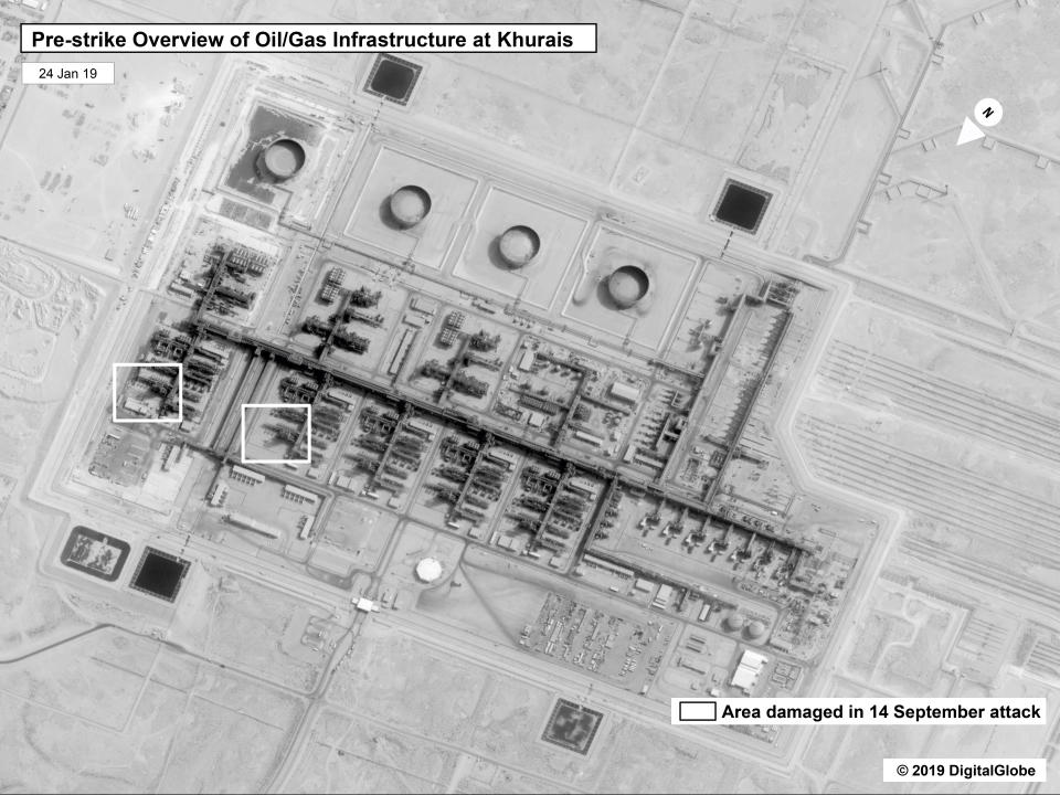 This image provided on Sunday, Sept. 15, 2019, by the U.S. government and DigitalGlobe and annotated by the source, shows a pre-strike overview at Saudi Aramco's Khurais oil field in Buqyaq, Saudi Arabia. The drone attack Saturday on Saudi Arabia's Abqaiq plant and its Khurais oil field led to the interruption of an estimated 5.7 million barrels of the kingdom's crude oil production per day, equivalent to more than 5% of the world's daily supply. (U.S. government/Digital Globe via AP)
