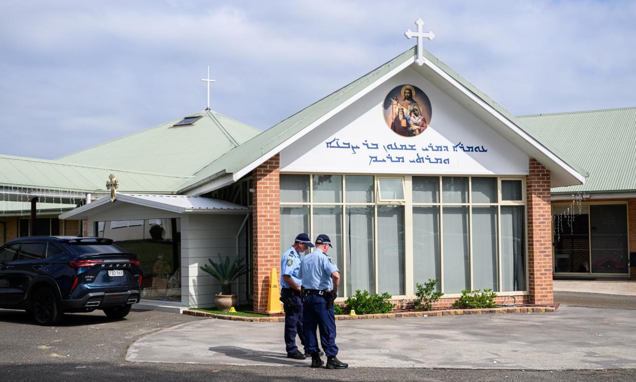 <span>Six teenagers were charged with terror offences following raids after the alleged stabbing attack at the Christ the Good Shepherd church in Wakeley (pictured).</span><span>Photograph: James Gourley/The Guardian</span>