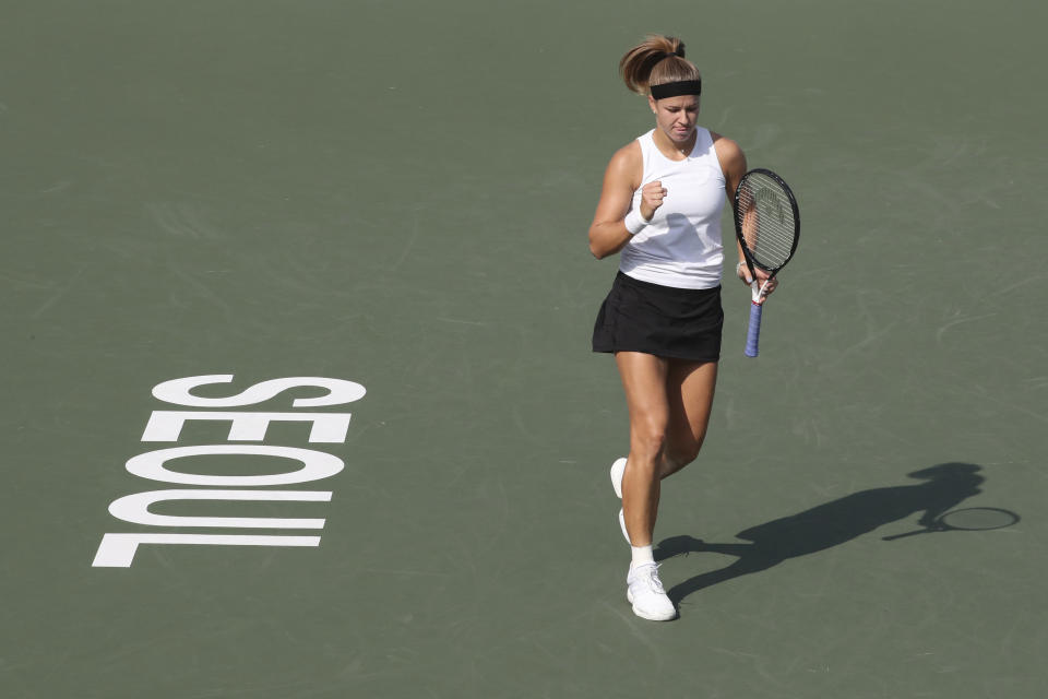 Karolina Muchova of the Czech Republic reacts after winning a point against Timea Babos of Hungary during their second round match of the Korea Open tennis championships in Seoul, South Korea, Thursday, Sept. 19, 2019. (AP Photo/Ahn Young-joon)