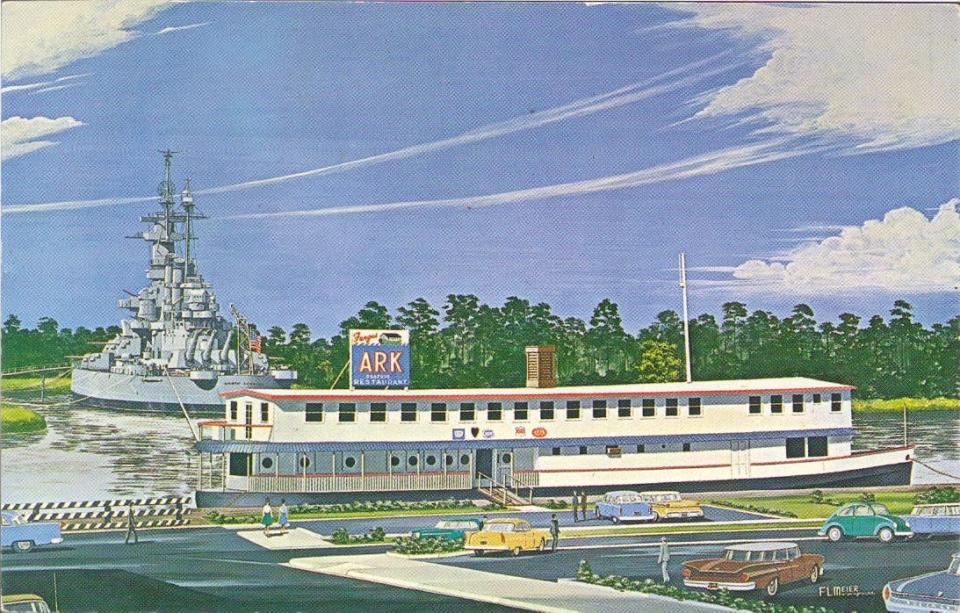 The Fergus Ark, located on the riverfront at the foot of Princess Street, was famous for their seafood smorgasbord and was a very popular restaurant. In 1961, Battleship North Carolina crashed into the Ark as it was placed in its permanent spot on the Cape Fear River.