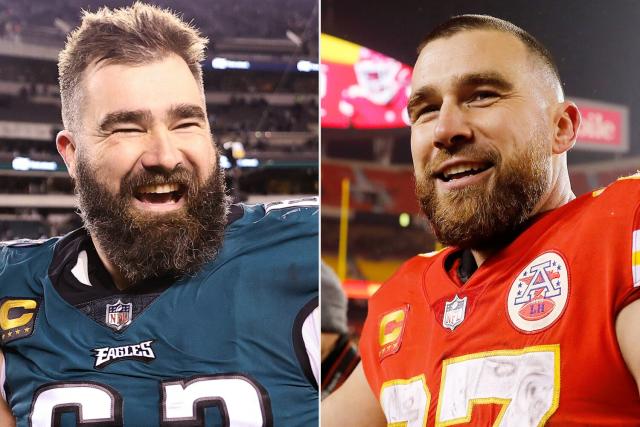 Brothers Jason, Travis Kelce embrace immediately after Super Bowl LVII  between Kansas City Chiefs and Philadelphia Eagles