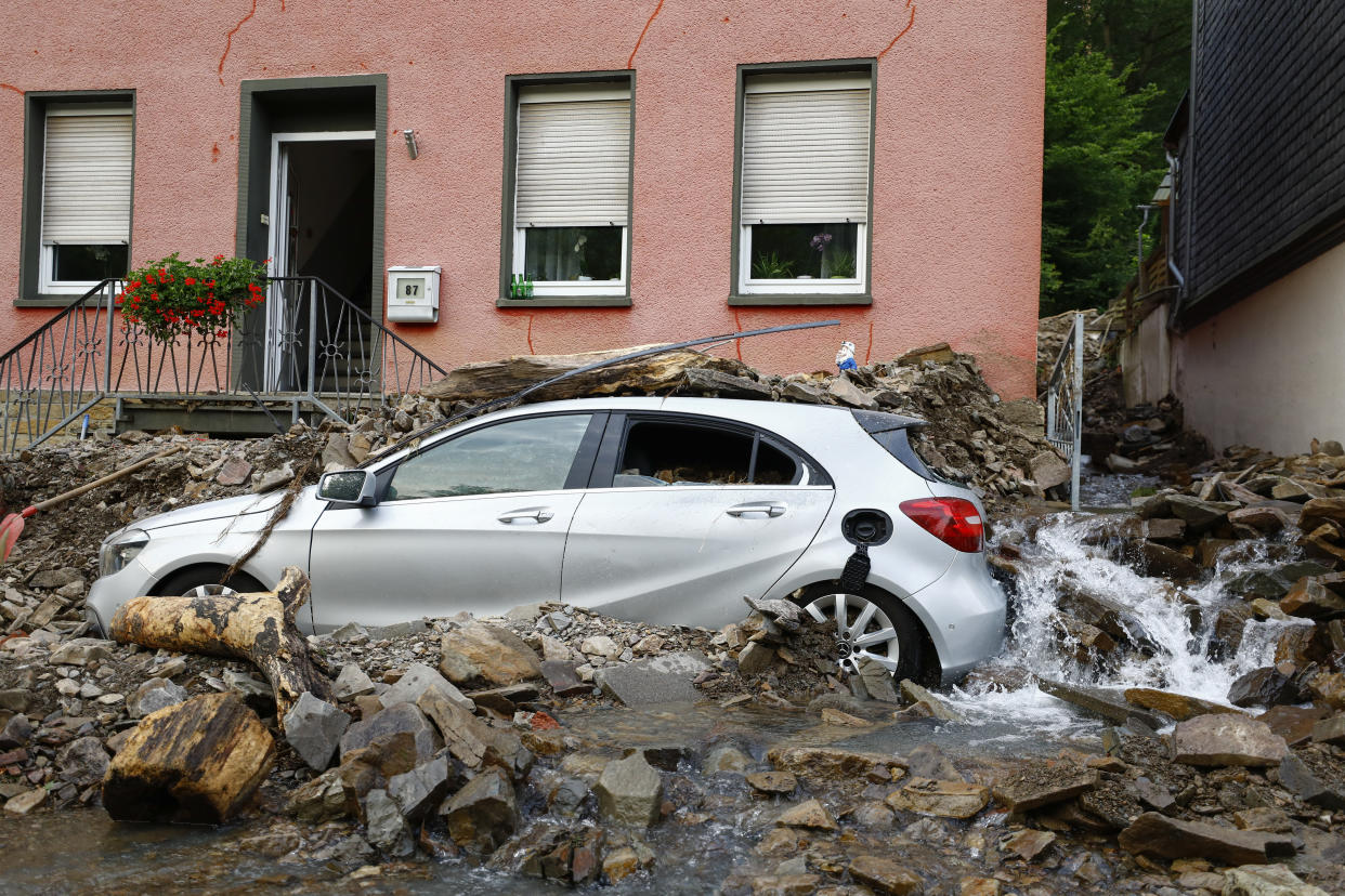 RHINELAND PALATINATE, GERMANY - JULY 15: A view of flooded area and damage after severe rainstorm and flash floods hit western states of Rhineland-Palatinate and North Rhine-Westphalia in Germany on July 15, 2021. The death toll in Germany's worst flood in more than 200 years rose to at least 42 as dozens of people remain missing. Search and rescue works continue in the area. (Photo by Abdulhamid Hosbas/Anadolu Agency via Getty Images)