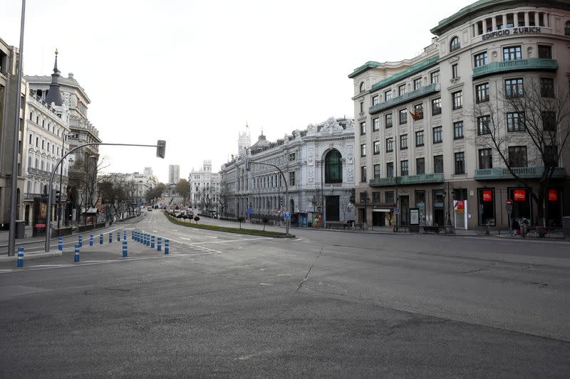 General view shows the empty Alcala street under partial lockdown, as part of a 15-day state of emergency to combat the coronavirus outbreak in Madrid