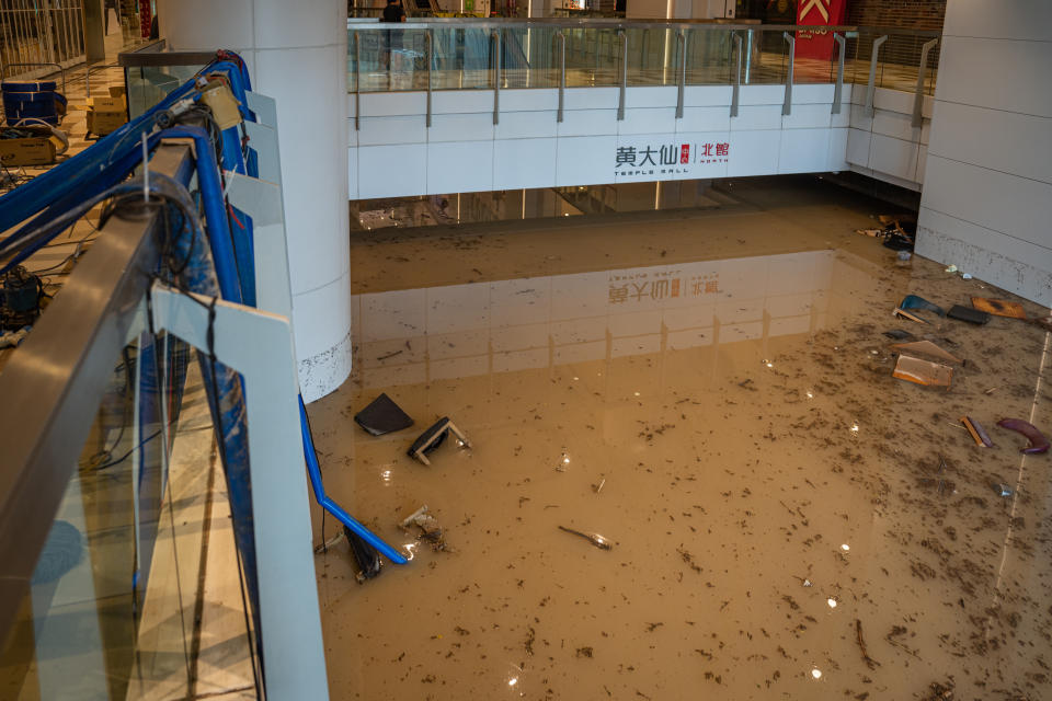 HONG KONG, CHINA - SEPTEMBER 8: An interior view of a damaged mall as cleaning efforts continue in Hong Kong, China on September 8, 2023. The downpours have caused widespread flooding and landslides, while roads are blocked and malls and train stations flooded. Hong Kong Observatory recorded the highest one-hour rainfall since records began in 1884, Hong Kong Free Press reported. At least one person was left dead as heavy rainfall pounded Hong Kong since late Thursday. (Photo by Leung Man Hei/Anadolu Agency via Getty Images)