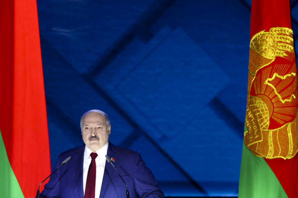 Belarus President Alexander Lukashenko delivers his speech during a state-of-the-nation address in Minsk, Belarus, Friday, Jan. 28, 2022. (Pavel Orlovsky/BelTA Pool Photo via AP)