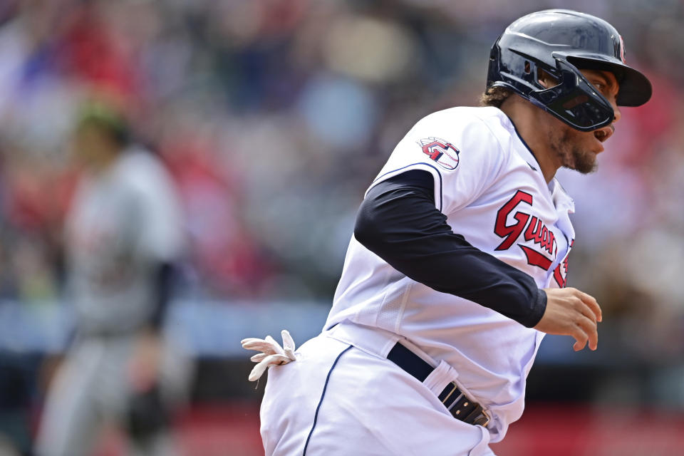 Cleveland Guardians' Josh Naylor runs the bases after hitting a solo home run off Detroit Tigers starting pitcher Alex Faedo in the fourth inning of a baseball game, Sunday, May 22, 2022, in Cleveland. (AP Photo/David Dermer)