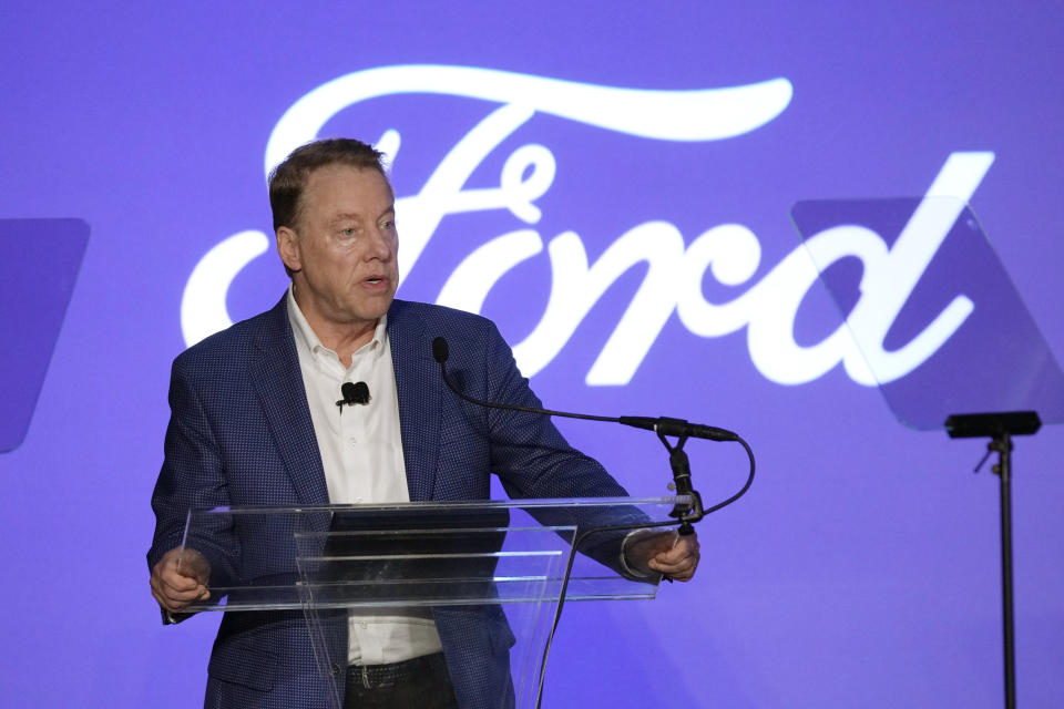 Ford Motor Company Executive Chairman Bill Ford delivers remarks on the future of American manufacturing, Monday, Oct. 16, 2023, in Dearborn, Mich. (AP Photo/Carlos Osorio)