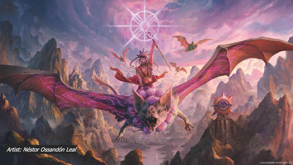 A magic-user rides a giant bat in art from MTG The Lost Caverns of Ixalan