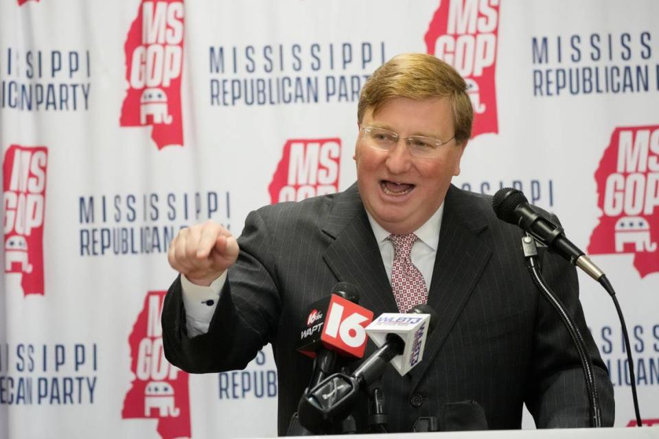Mississippi Republican Gov. Tate Reeves expresses his support of former President Donald Trump, who will be on the party primary ballot in Mississippi, Tuesday, Jan. 2, 2024, in Jackson, Miss. The qualifying period for candidates seeking one U.S. Senate seat and all four of the state’s U.S. House seats, began Tuesday. (AP Photo/Rogelio V. Solis)
