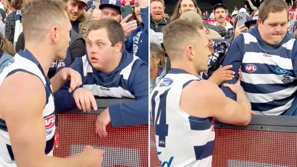 Seen here, Geelong captain Joel Selwood helps fan Sam Moorfoot onto the MCG after his side's grand final win.