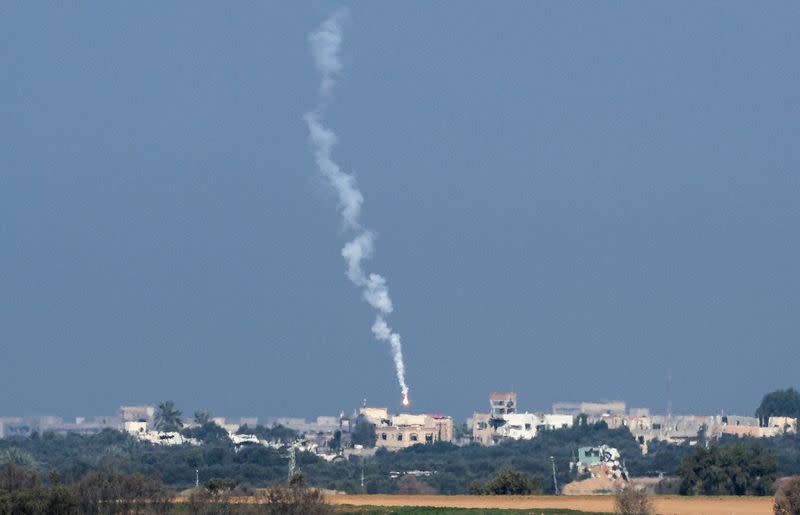 A flare falls over Gaza, as seen from southern Israel